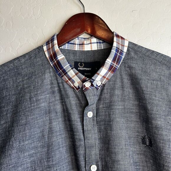 Fred Perry Button Down Shirt Men's Large Slim Fit Gray Plaid Check Collar Adult - Picture 6 of 10